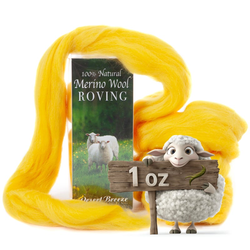Desert Breeze Distributing 100% Natural Merino Wool Roving - Premium Combed Top Merino Roving Wool - Tapestry, Spinning, Wet Felting & Needle Felting Supplies - 21.5 Micron - 1 oz, Color Lemon Yellow - Image 1